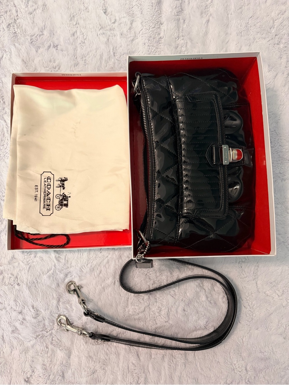 New Coach Poppy liquid gloss black handbag w/ box, dust bag, shoulder strap - Picture 2 of 9